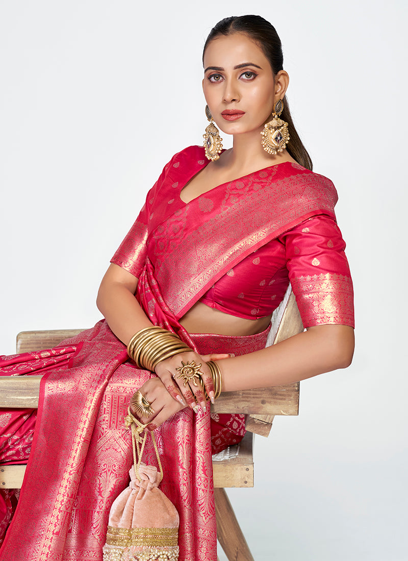 Banarasi Silk Rani Pink Party Wear Zari Weaving Work Saree 387501