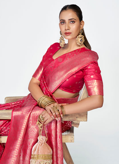 Banarasi Silk Rani Pink Party Wear Zari Weaving Work Saree 387501