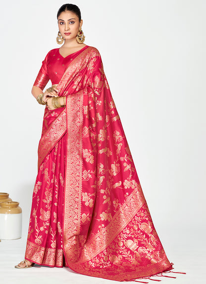 Banarasi Silk Rani Pink Party Wear Zari Weaving Work Saree 387507