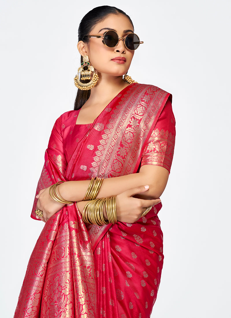 Banarasi Silk Rani Pink Party Wear Zari Work Saree 387496