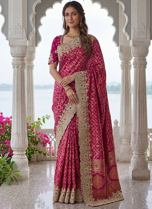 Rani Pink Banarasi Silk Embroidery Work Wedding Wear Saree SW756588