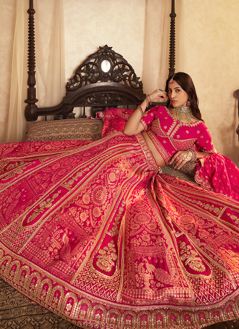Rani Pink Banarasi Silk Weaving Work Wedding Wear Wedding Lehenga Choli SW709009