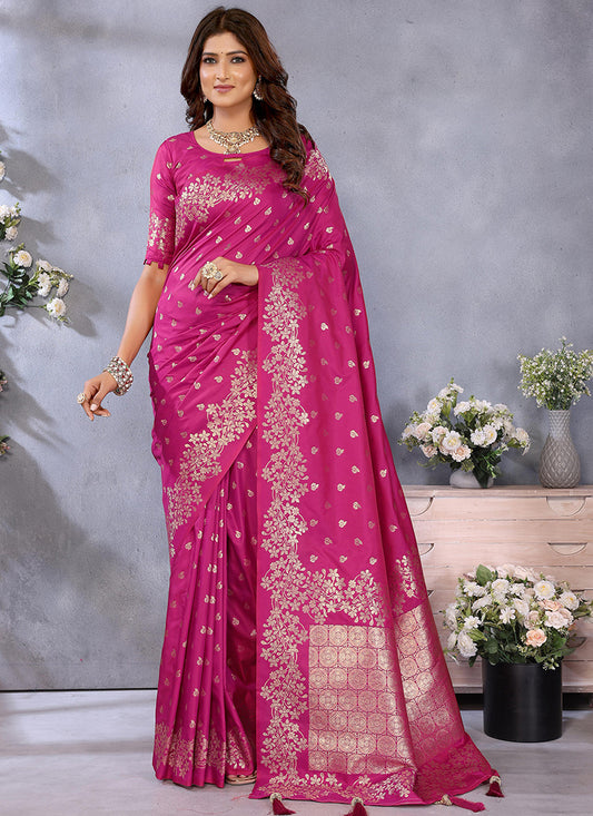 Banarasi Silk Rani Pink Saree with Zari Weaving Work for Wedding Wear 382939