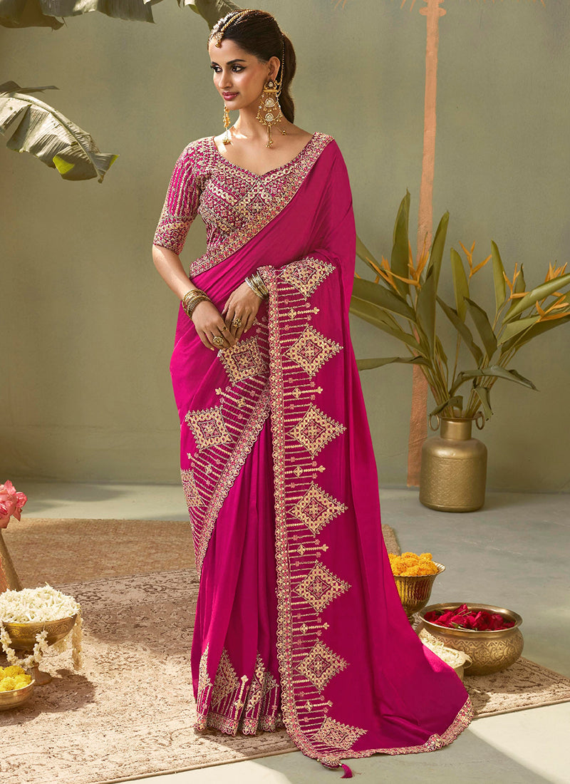 Bemberg Silk Rani Pink Wedding Wear Heavy Work Wedding Saree 387270