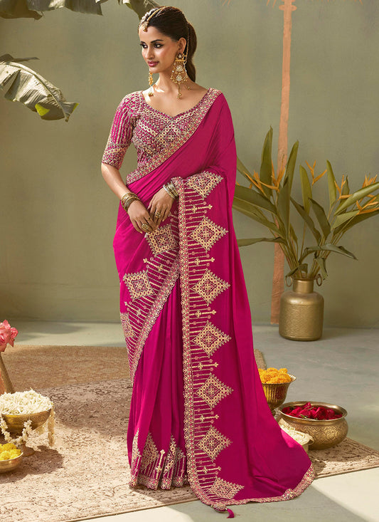 Bemberg Silk Rani Pink Wedding Wear Heavy Work Wedding Saree 387270