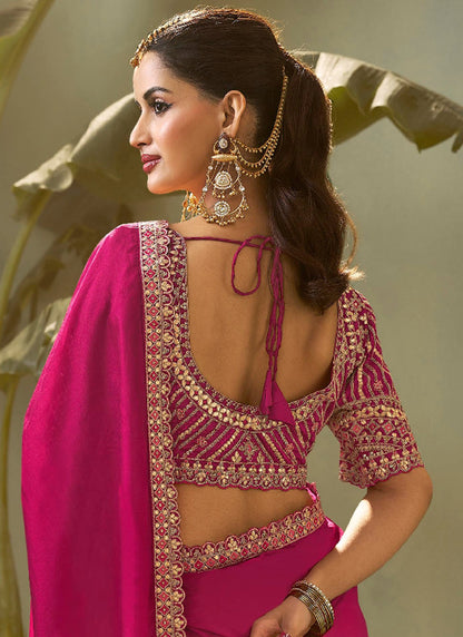 Bemberg Silk Rani Pink Wedding Wear Heavy Work Wedding Saree 387270