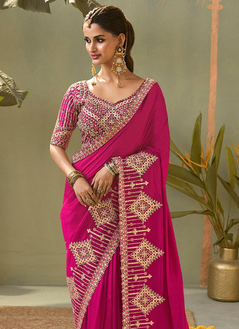 Bemberg Silk Rani Pink Wedding Wear Heavy Work Wedding Saree 387270