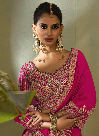 Bemberg Silk Rani Pink Wedding Wear Heavy Work Wedding Saree 387270