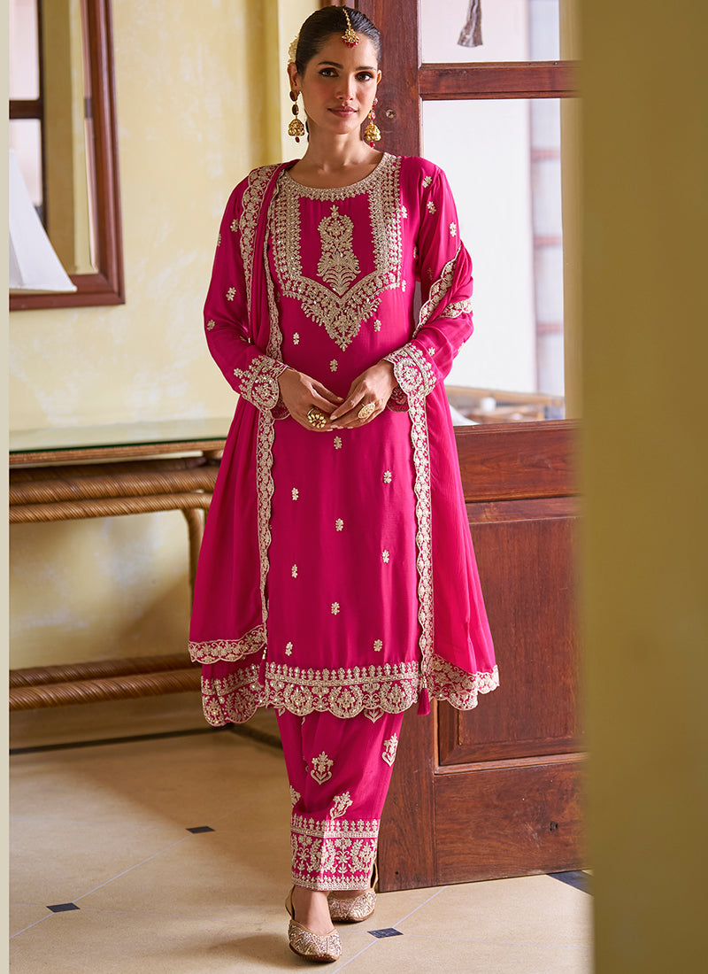 Rani Pink Chinon Embroidery Work Festival Wear Readymade Salwar Suit SW156034