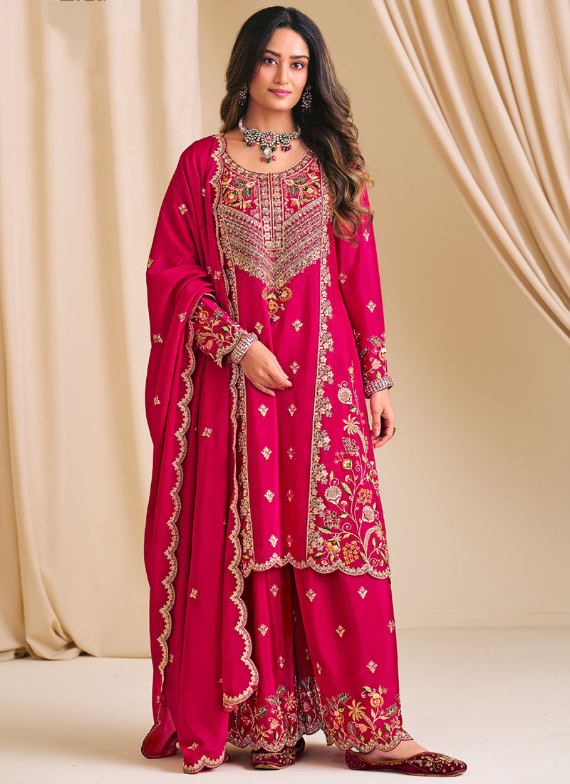Chinon Rani Pink Wedding Wear Embroidery Work Readymade Plazzo Suit 386150
