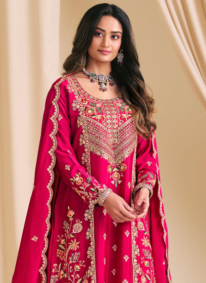 Chinon Rani Pink Wedding Wear Embroidery Work Readymade Plazzo Suit 386150