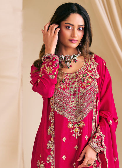 Chinon Rani Pink Wedding Wear Embroidery Work Readymade Plazzo Suit 386150