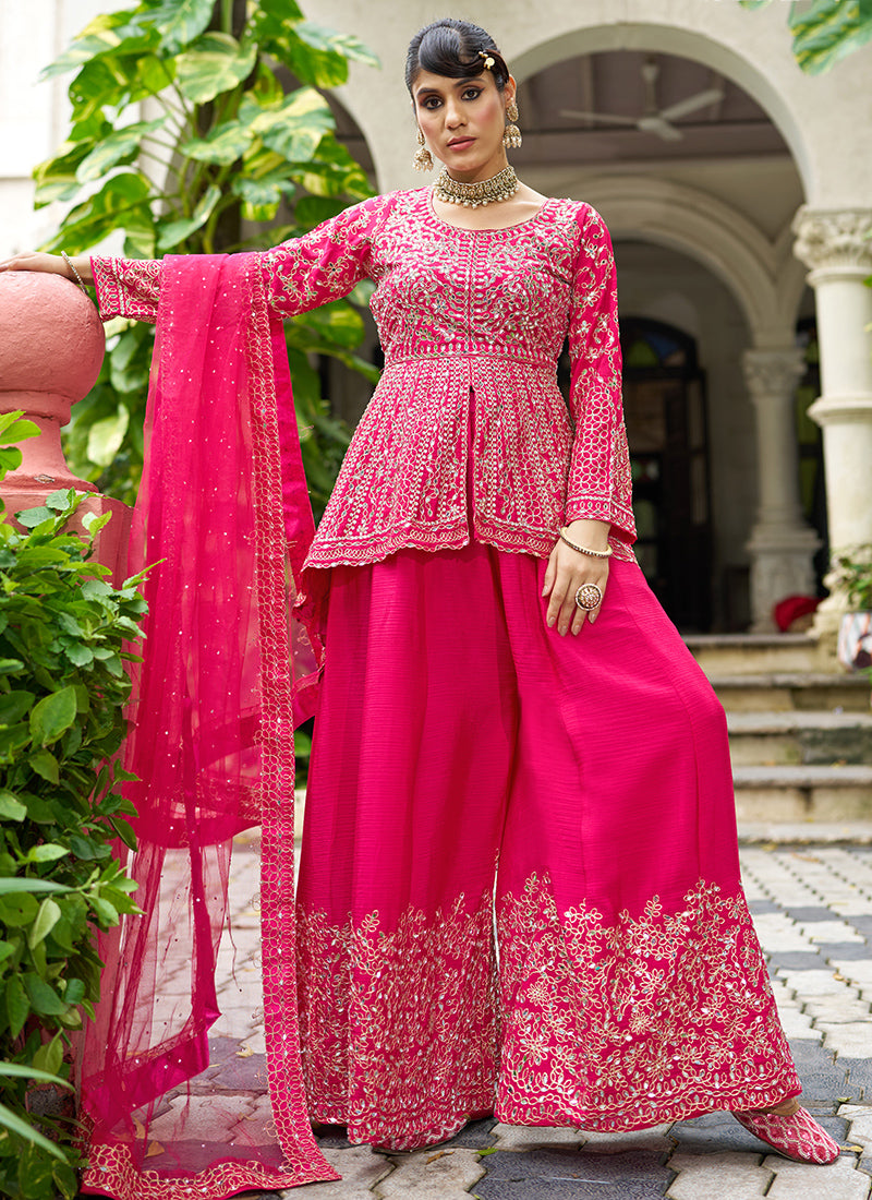 Rani Pink Chinon Mirror Work Party Wear Readymade Plazzo Suit SW124466