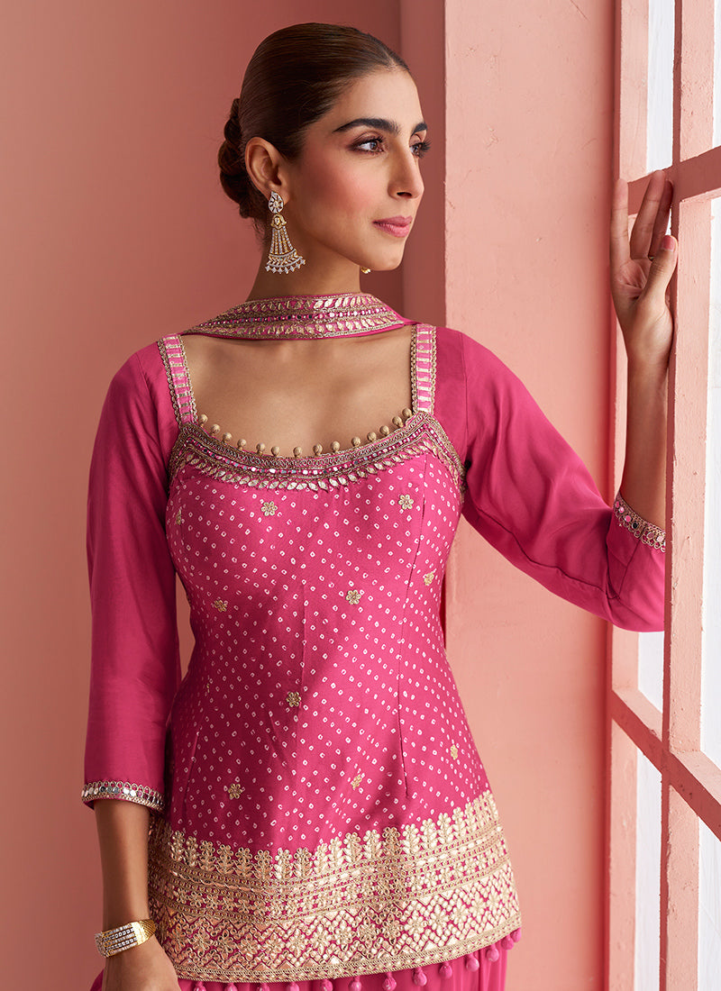 Rani Pink Chinon Silk Embroidery Work Party Wear Readymade Plazzo Suit SW553988