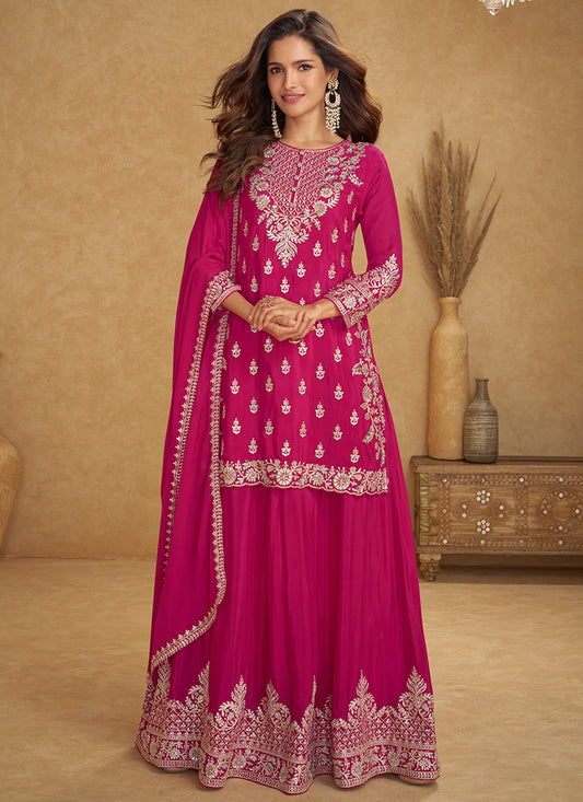 Rani Pink Chinon Zari Embroidery Work Wedding Wear Readymade Plazzo Suit SW899769