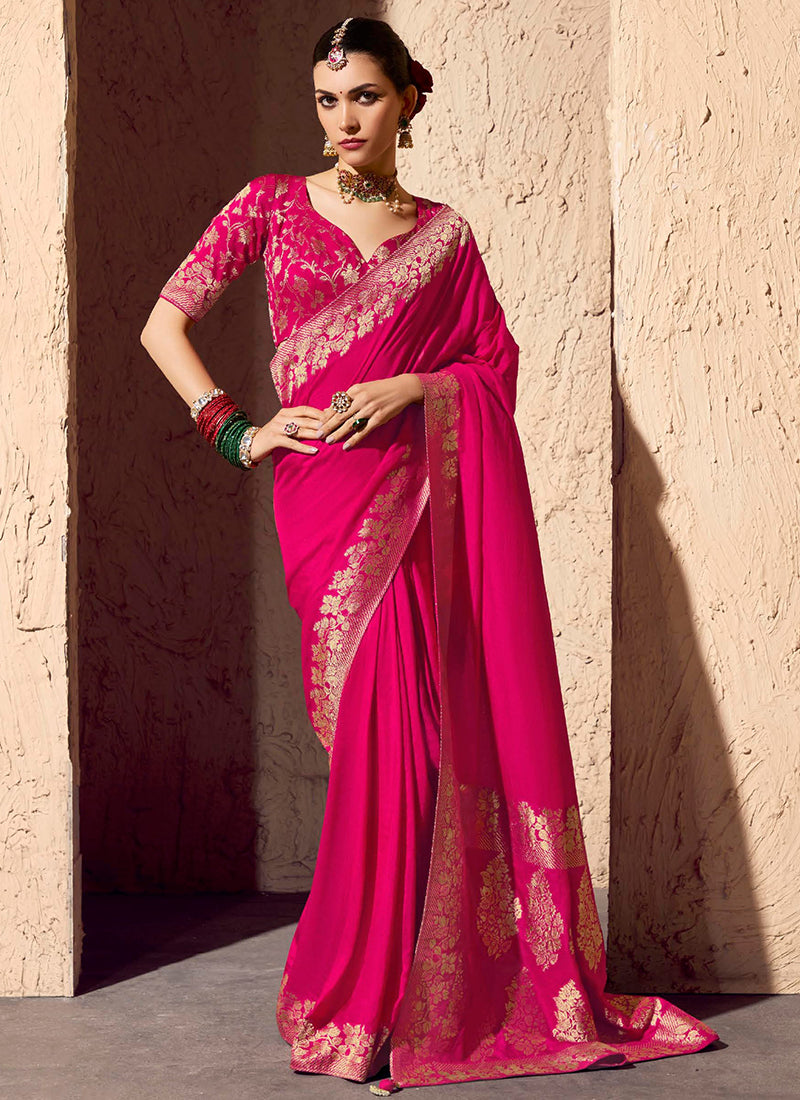 Crepe Georgette Rani Pink Party Wear Weaving Work Saree 386525