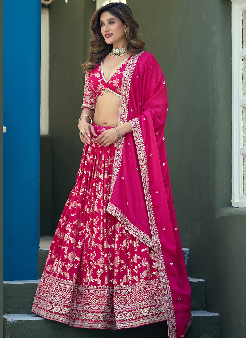 Dola Silk Jacquard Rani Pink Festival Wear Zari Work Lehenga Choli 388301