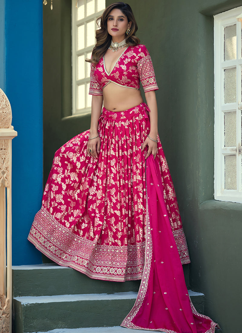 Dola Silk Jacquard Rani Pink Festival Wear Zari Work Lehenga Choli 388301