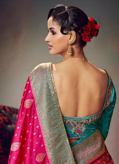 Fancy Fabric Rani Pink Wedding Wear Embroidery Work Saree 385869