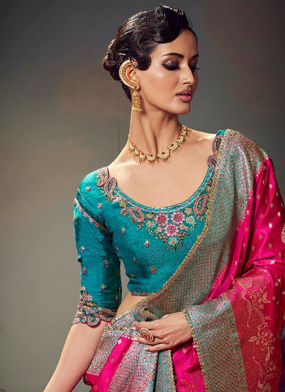 Fancy Fabric Rani Pink Wedding Wear Embroidery Work Saree 385869