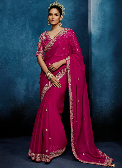 Rani Pink Fancy Silk Embroidery Work Wedding Wear Saree SW477623