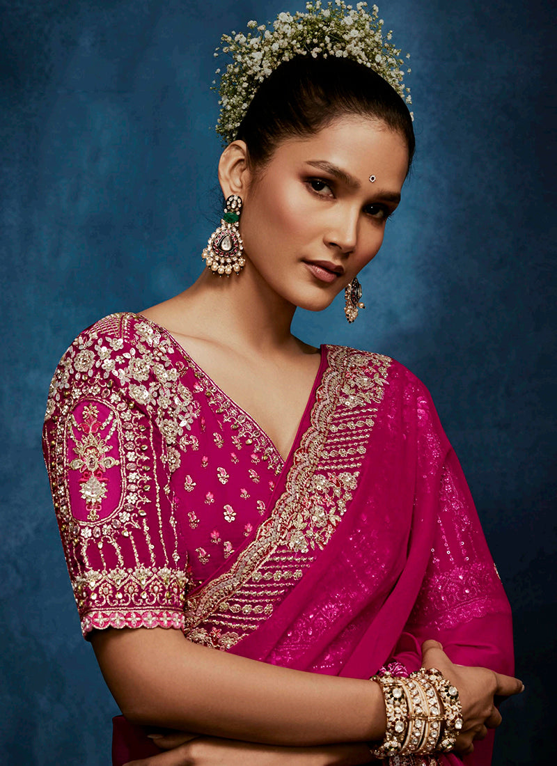 Rani Pink Fancy Silk Embroidery Work Wedding Wear Saree SW477623