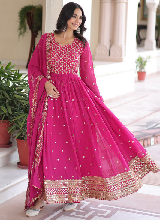 Faux Georgette Rani Pink Festival Wear Sequin Embroidery Work Readymade Anarkali Suit 388123