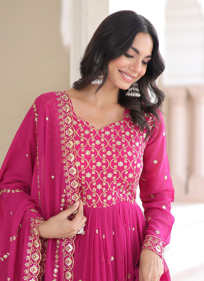 Faux Georgette Rani Pink Festival Wear Sequin Embroidery Work Readymade Anarkali Suit 388123