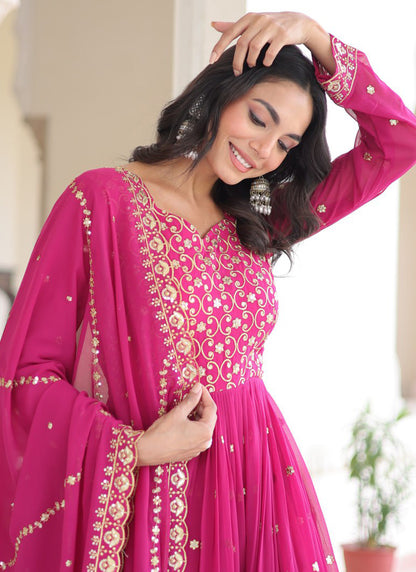 Faux Georgette Rani Pink Festival Wear Sequin Embroidery Work Readymade Anarkali Suit 388123