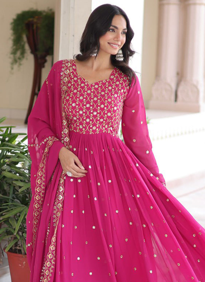 Faux Georgette Rani Pink Festival Wear Sequin Embroidery Work Readymade Anarkali Suit 388123