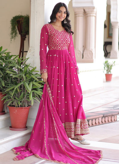 Faux Georgette Rani Pink Festival Wear Sequin Embroidery Work Readymade Anarkali Suit 388123