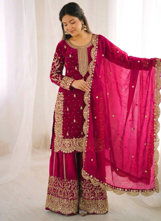 Rani Pink Fendi Silk Embroidery Work Festival Wear Readymade Plazzo Suit SW539178