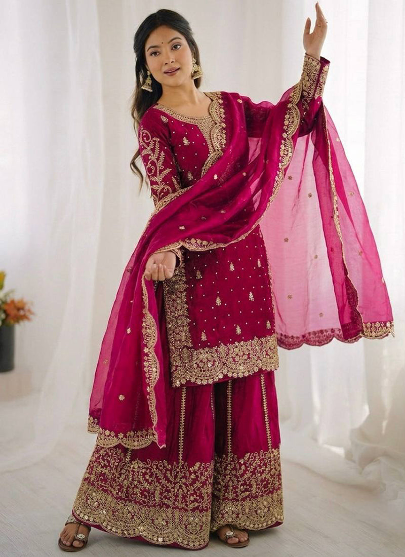 Rani Pink Fendi Silk Embroidery Work Festival Wear Readymade Plazzo Suit SW539178