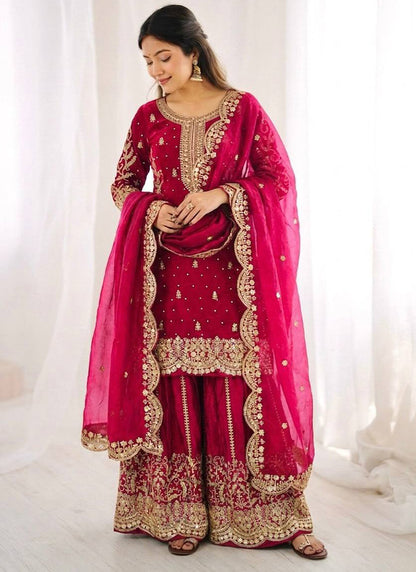 Rani Pink Fendi Silk Embroidery Work Festival Wear Readymade Plazzo Suit SW539178