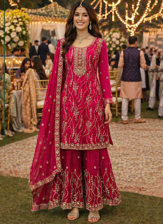 Rani Pink Fendy Silk Embroidery Work Festival Wear Readymade Plazzo Suit SW373822