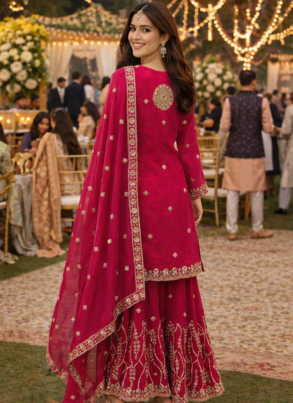 Rani Pink Fendy Silk Embroidery Work Festival Wear Readymade Plazzo Suit SW373822
