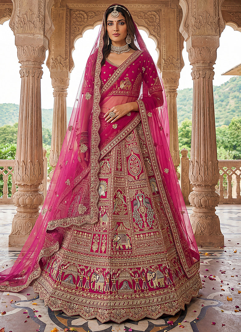 Rani Pink Gadhwal Silk Embroidery Work Wedding Wear Lehenga Choli SW746994