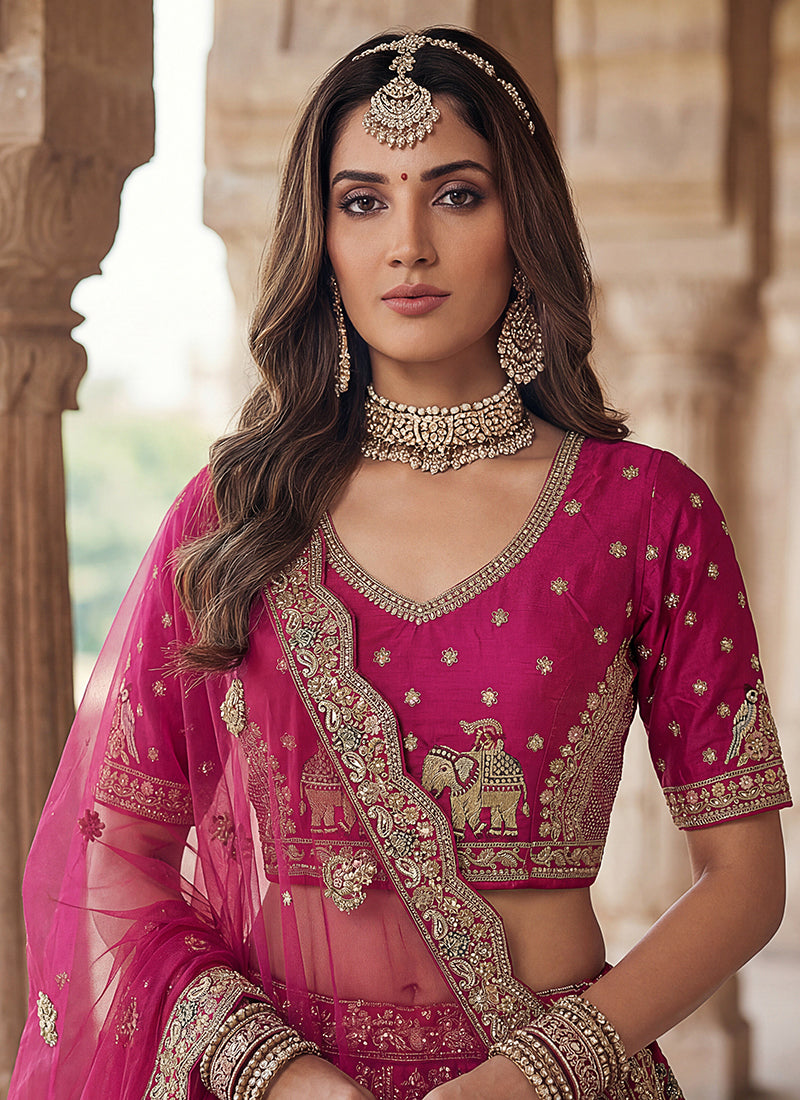 Rani Pink Gadhwal Silk Embroidery Work Wedding Wear Lehenga Choli SW746994