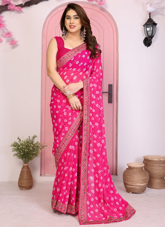 Georgette Rani Pink Saree with Bandhej Work for Festival Wear 381121