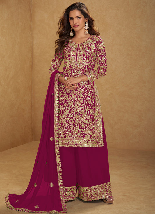 Rani Pink Georgette Embroidery Work Festival Wear Readymade Plazzo Suit SW215730