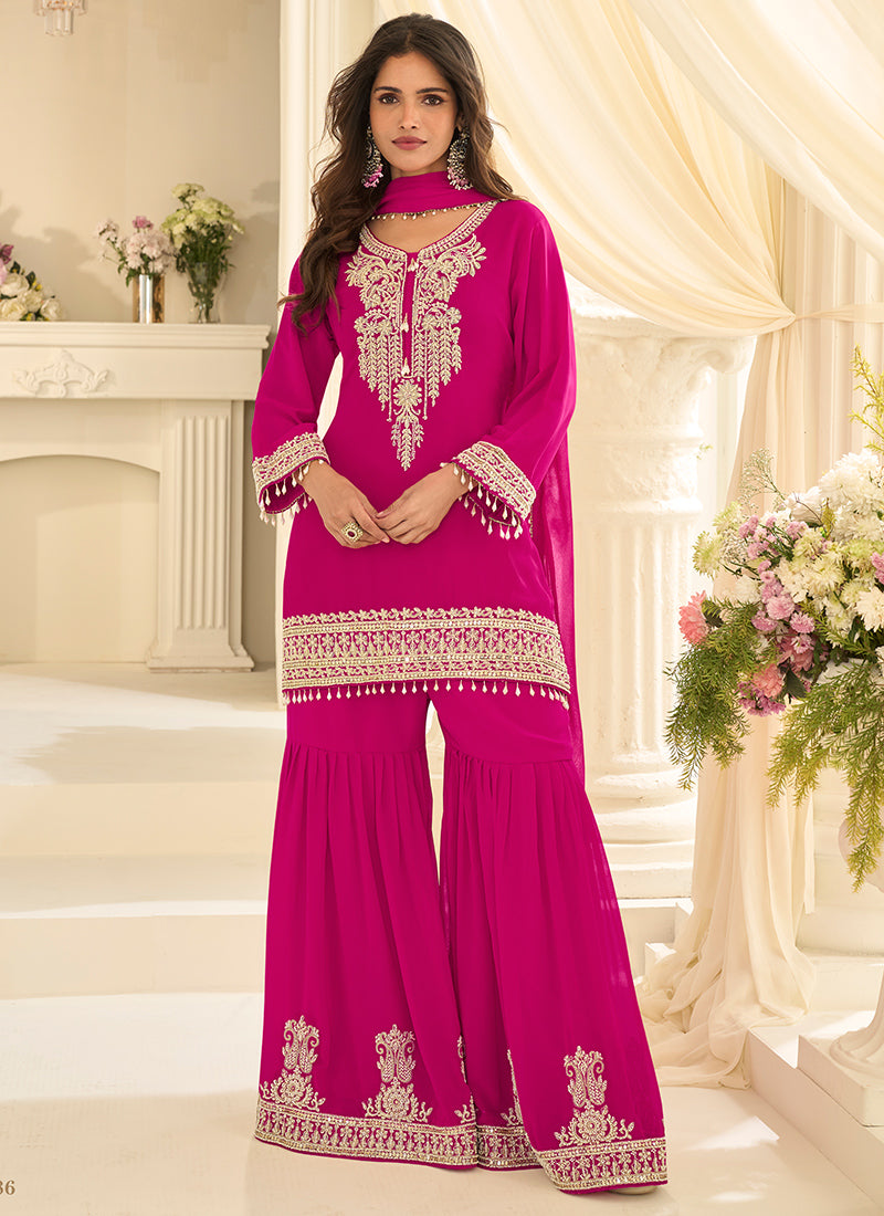 Rani Pink Georgette Embroidery Work Festival Wear Readymade Sharara Suit SW537422