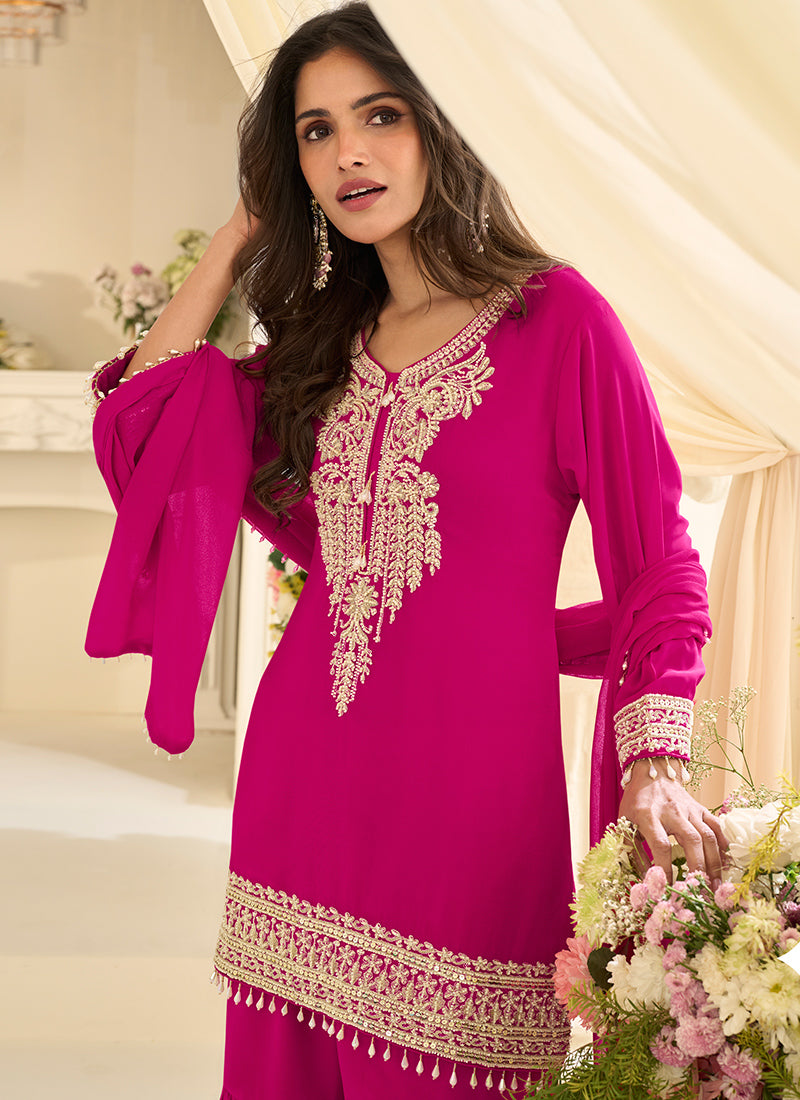 Rani Pink Georgette Embroidery Work Festival Wear Readymade Sharara Suit SW537422