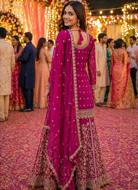 Rani Pink Georgette Embroidery Work Occasional Wear Readymade Plazzo Suit SW527537