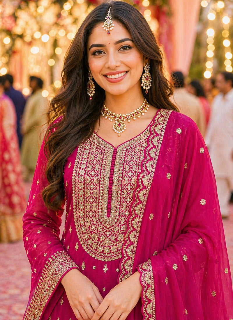 Rani Pink Georgette Embroidery Work Occasional Wear Readymade Plazzo Suit SW527537