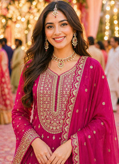 Rani Pink Georgette Embroidery Work Occasional Wear Readymade Plazzo Suit SW527537