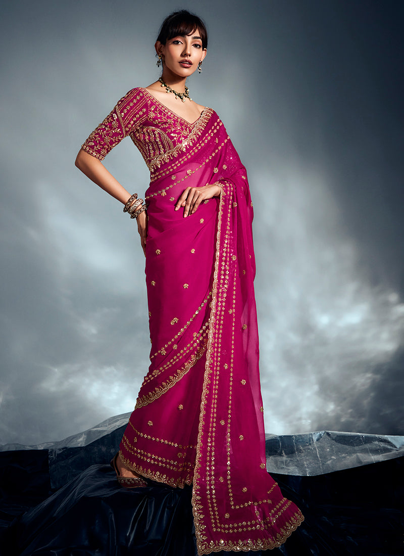 Organza Rani Pink Saree with Sequin Work for Wedding Wear 383019