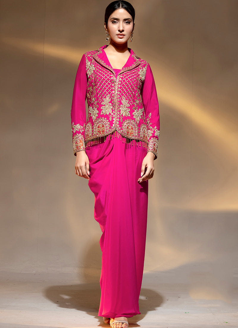 Premium Crepe Rani Pink Party Wear Zari Work Readymade Indowestern Suit 388474