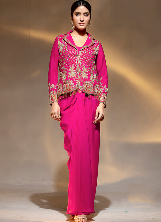 Premium Crepe Rani Pink Party Wear Zari Work Readymade Indowestern Suit 388474