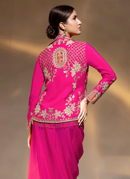 Premium Crepe Rani Pink Party Wear Zari Work Readymade Indowestern Suit 388474