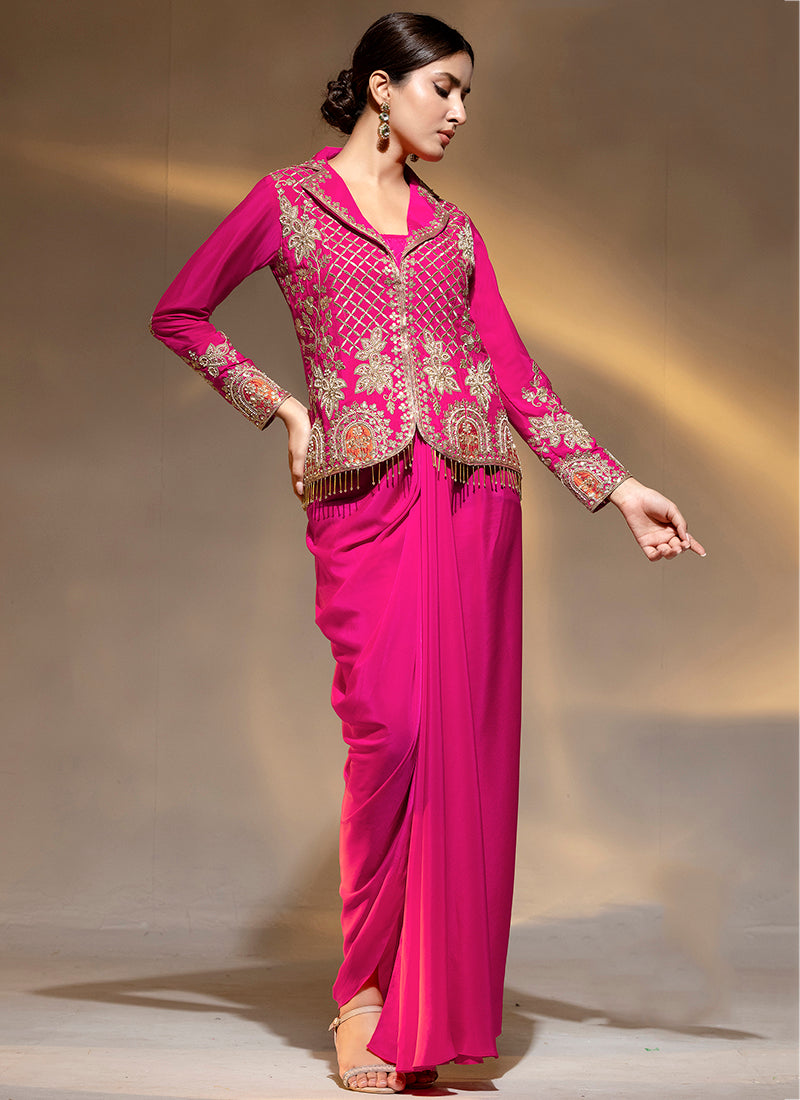 Premium Crepe Rani Pink Party Wear Zari Work Readymade Indowestern Suit 388474